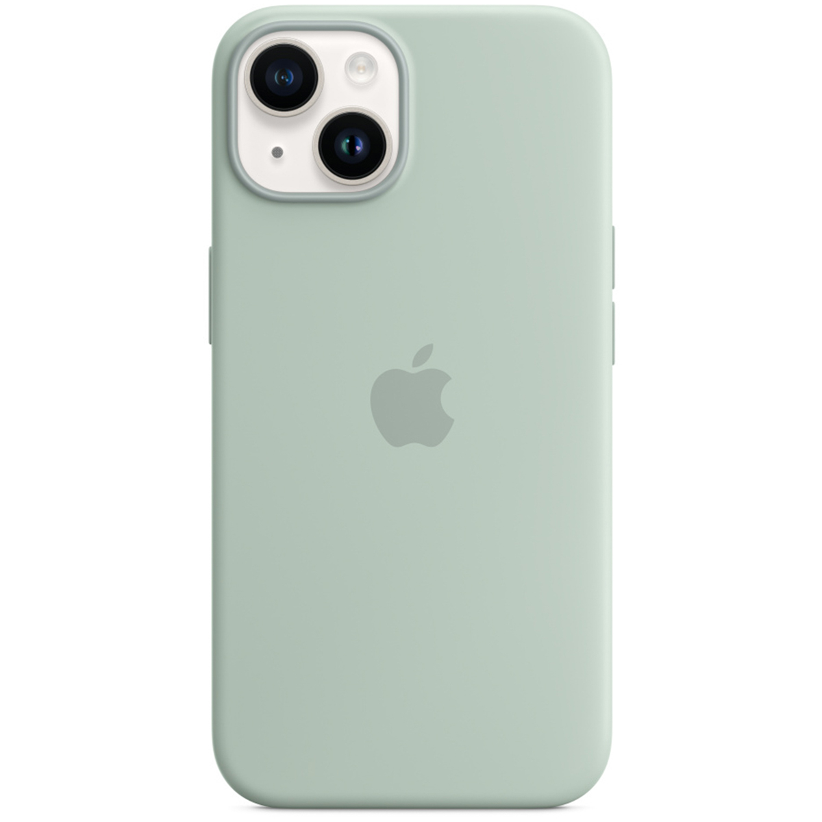 Rückseite eines hellgrünen iPhone-Gehäuses mit zwei Kameras und Apple-Logo.