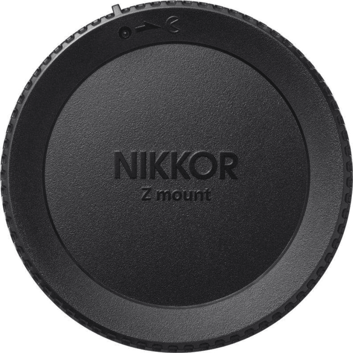 Tappo obiettivo nero con iscrizione NIKKOR Z mount e freccia di allineamento.