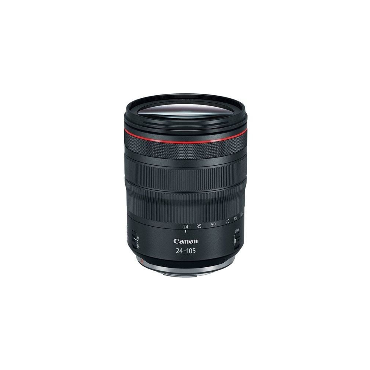 Kırmızı vurgulu siyah bir Canon 24-105mm kamera lensi.