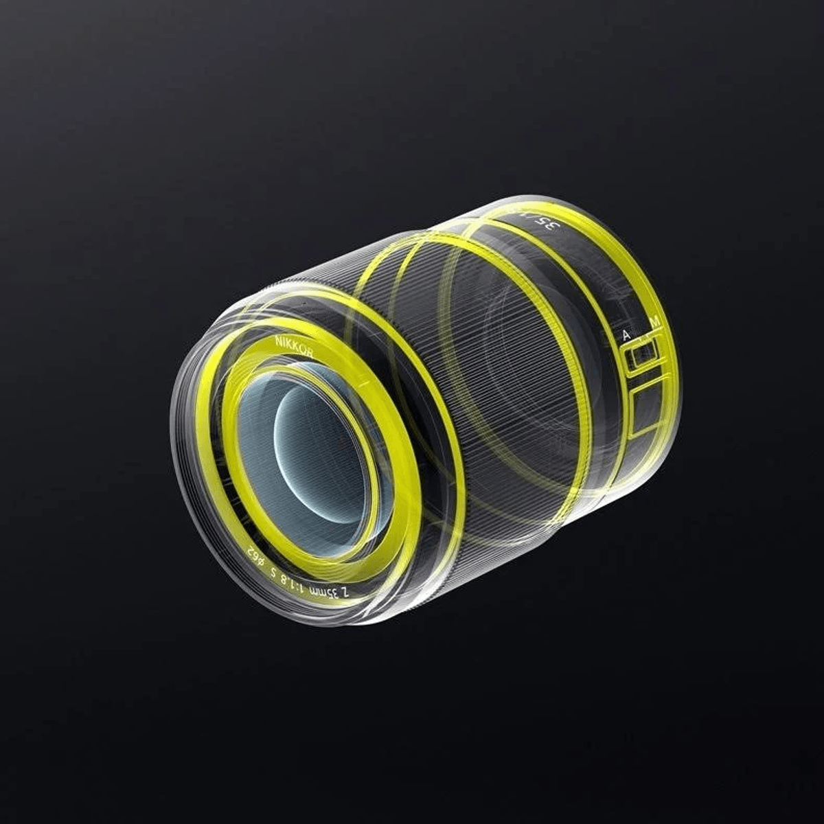 Schema trasparente di obiettivo per fotocamera con accenti gialli su sfondo nero.