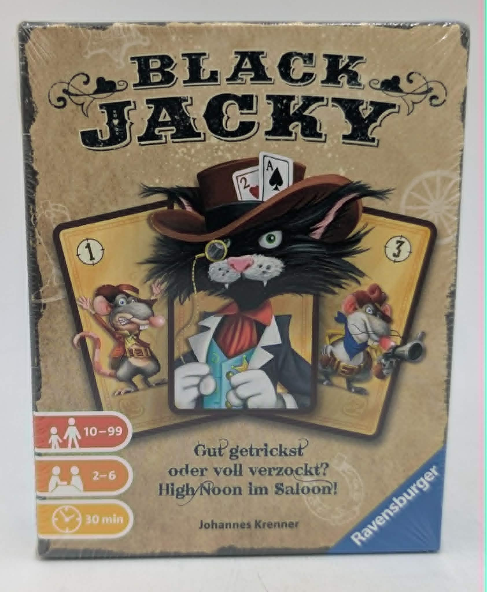 Brettspiel mit schwarzer Katze im Westernstil, Mäusen und Karten.