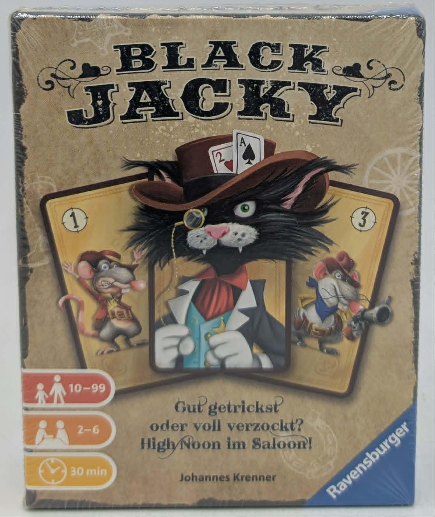 Brettspielbox mit schwarzer Katze im Western-Look, Mäusen und Spielkarten.