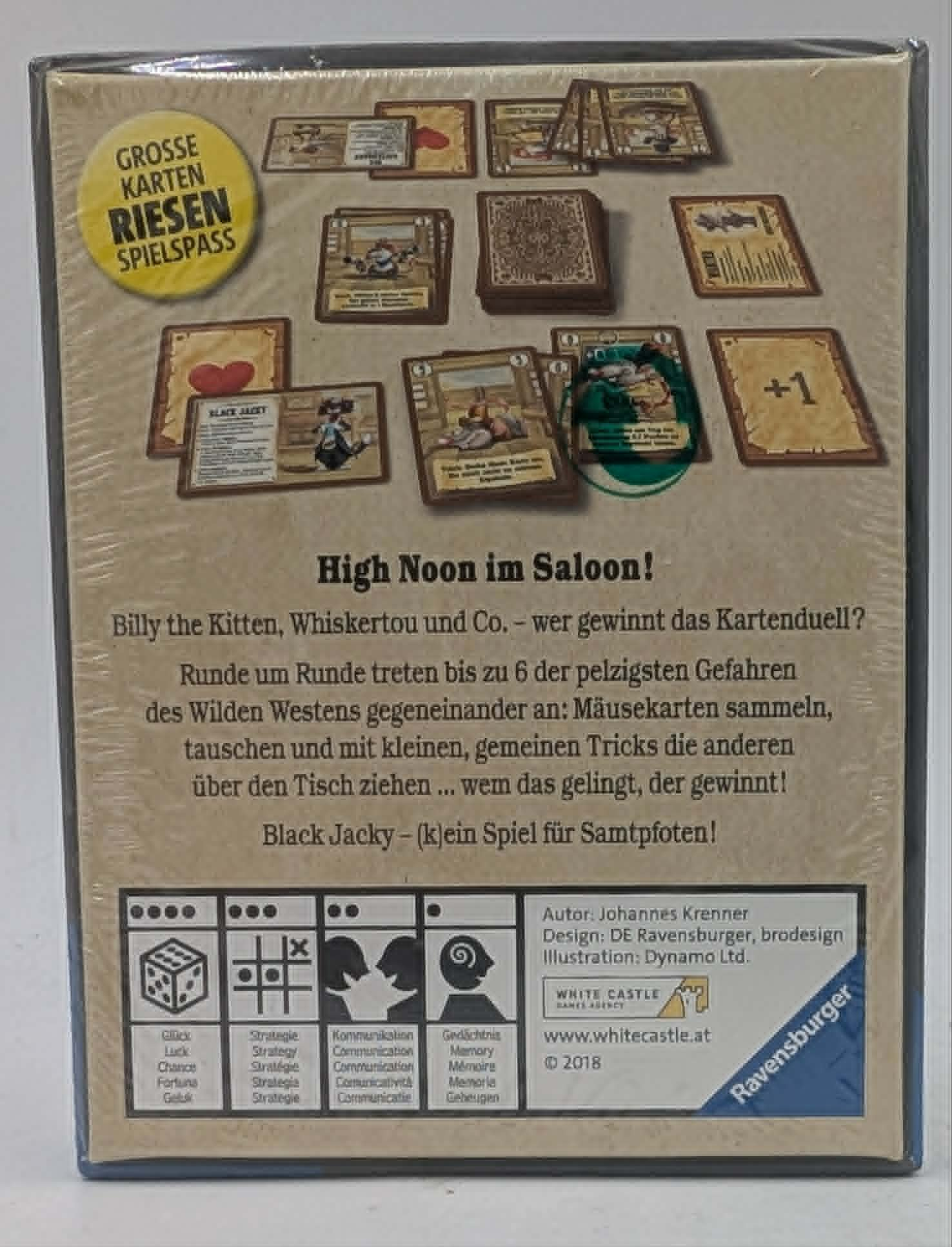 Spielkartenschachtel mit Comic-Stil-Illustrationen von Katzen im Wilden Westen.