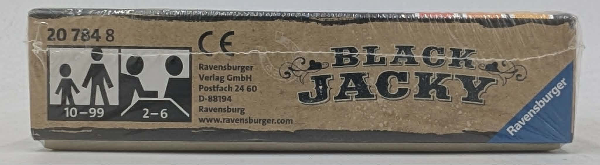 Packung des Spiels Black Jacky von Ravensburger mit Altersangabe 10-99 und 2-6 Spieler.