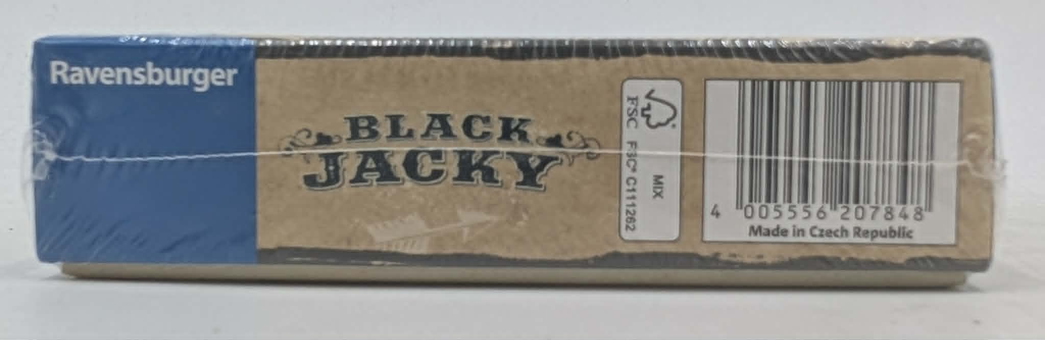 Ravensburger Black Jacky Brettspiel-Schachtel mit Barcode und FSC-Logo.
