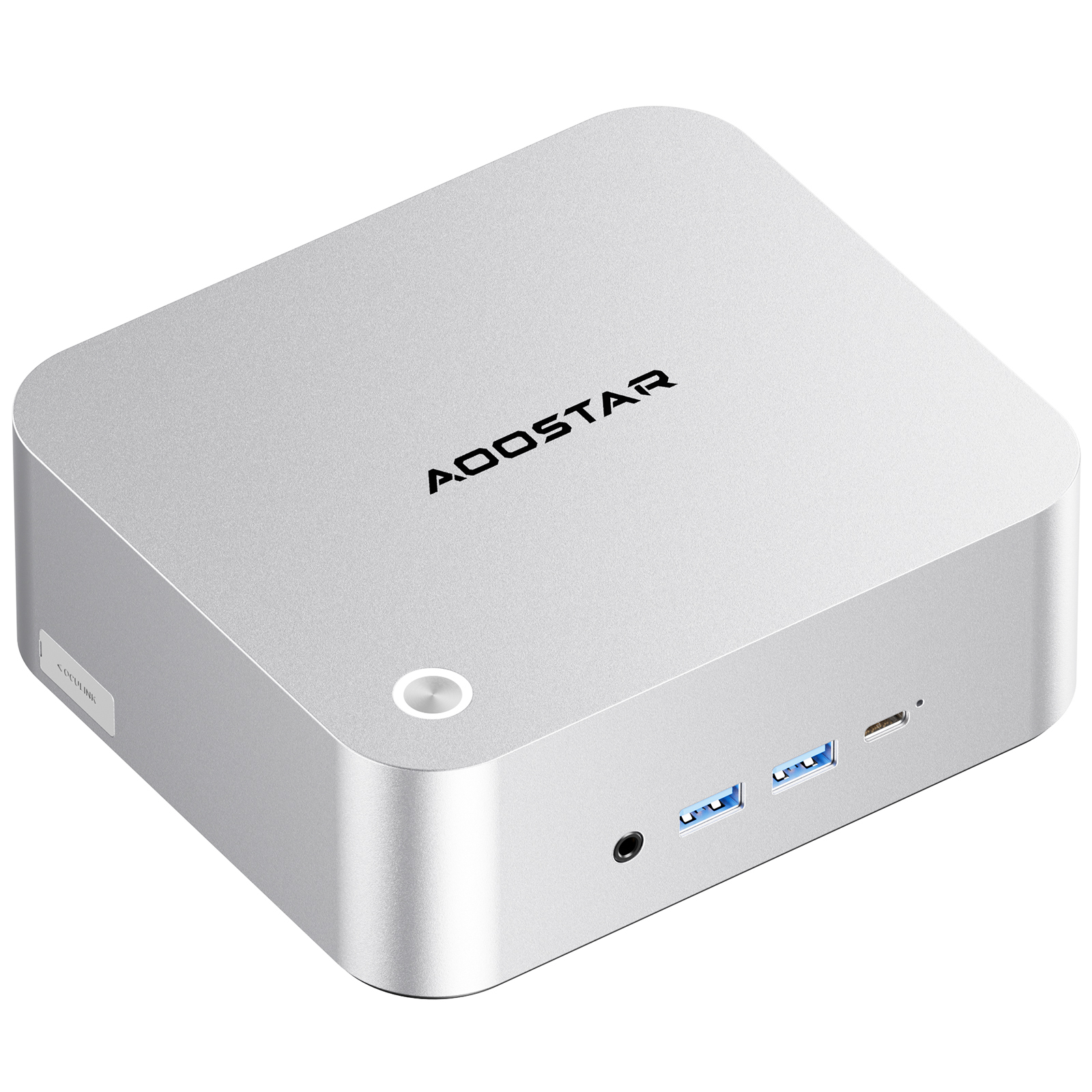 Mini PC AOOSTAR plateado con puertos y botón de encendido al frente.