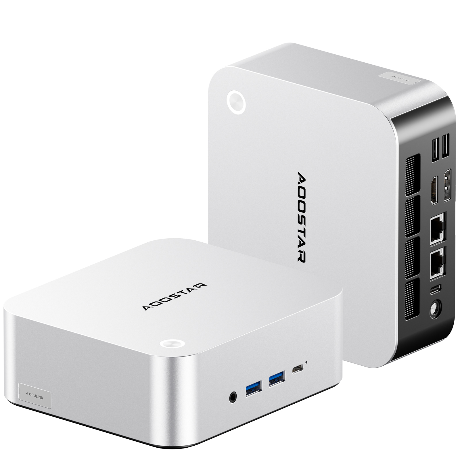 Dos mini PCs blancos AOOSTAR que muestran puertos traseros y frontales USB.