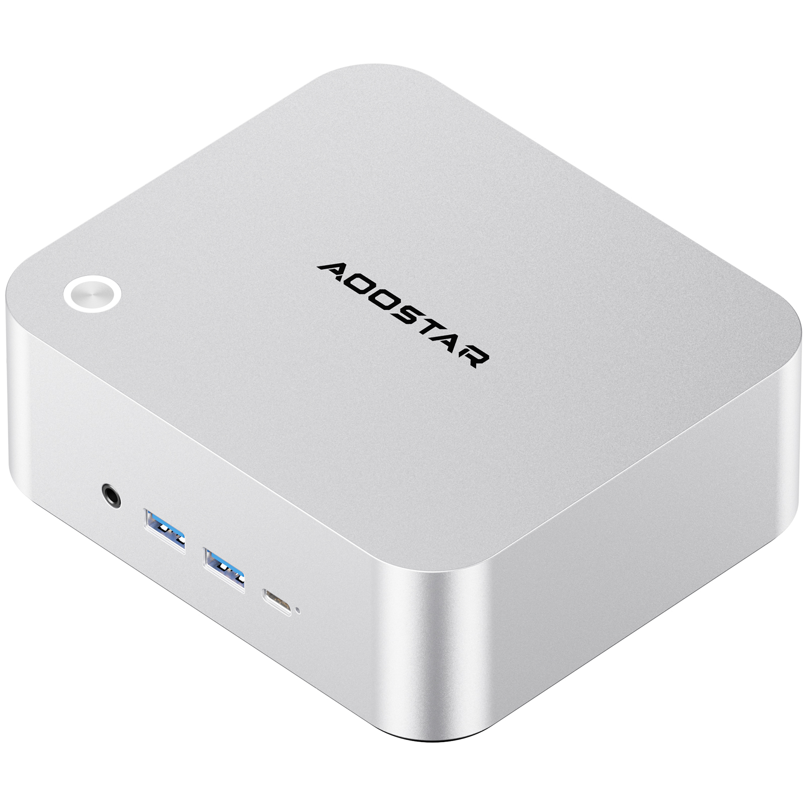 Mini PC plateado con logo AOODSTAR, puertos USB y botón de encendido.