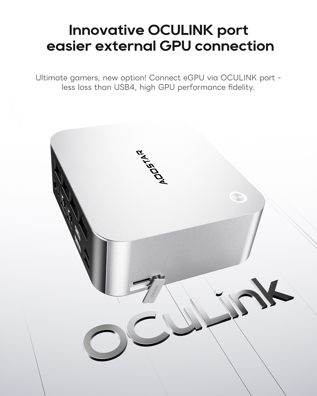 Caja externa plateada para GPU con puertos y logo "OcuLink".