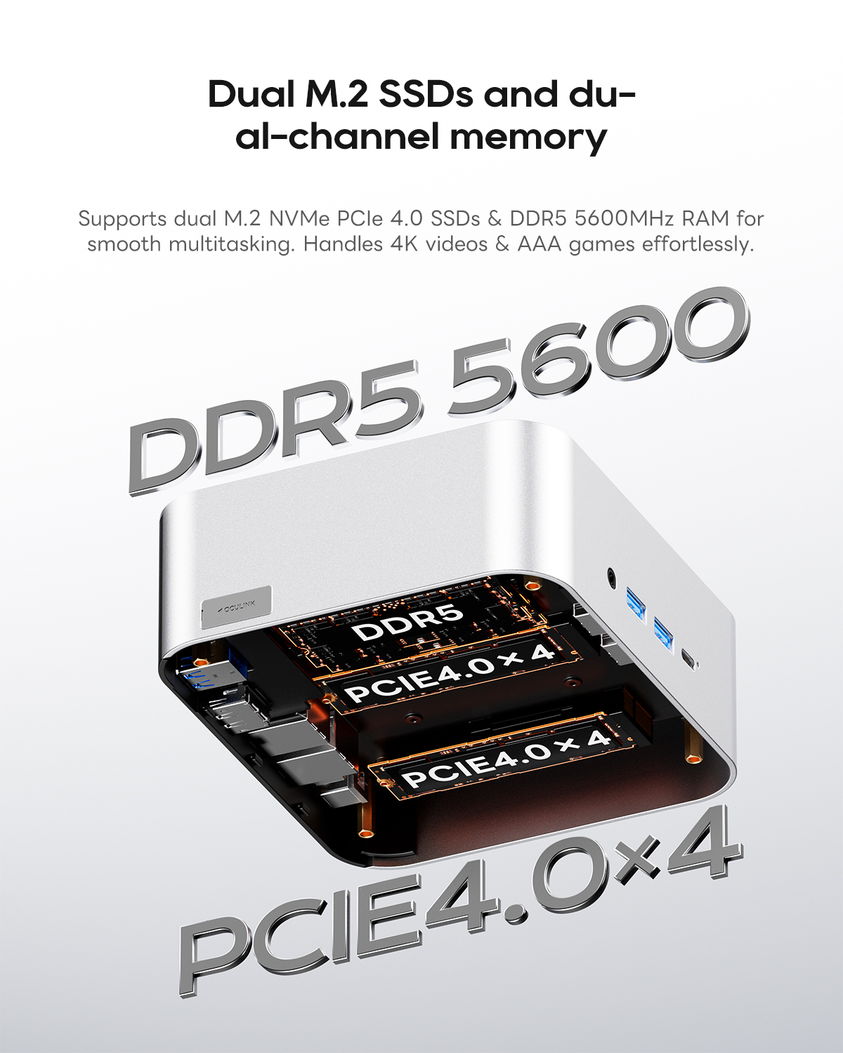 Un mini PC plateado con la parte superior abierta, mostrando SSDs M.2 duales y RAM DDR5.