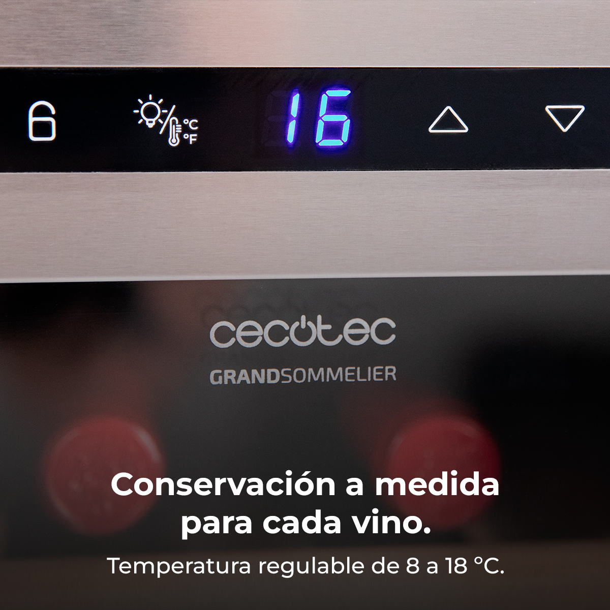 Pantalla digital: 6, 16°C. Enfriador de vino Cecotec.