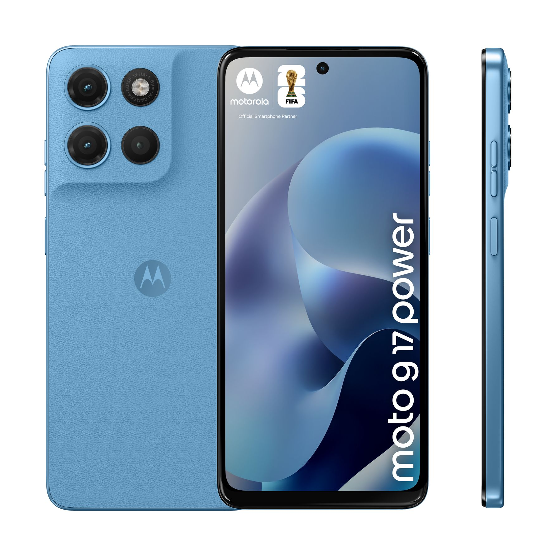 Un smartphone Motorola bleu avec trois caméras arrière et le texte 'moto 9 17 power'.