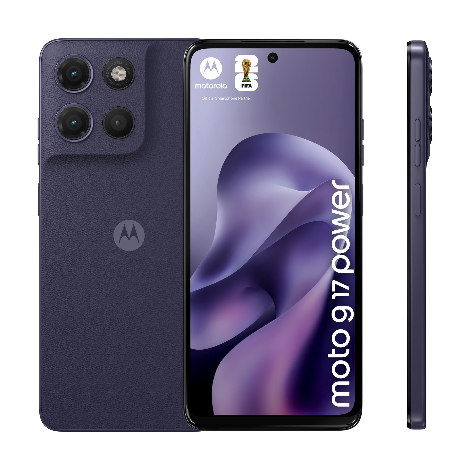 Tre viste di uno smartphone Motorola blu scuro con tre fotocamere posteriori e logo FIFA.