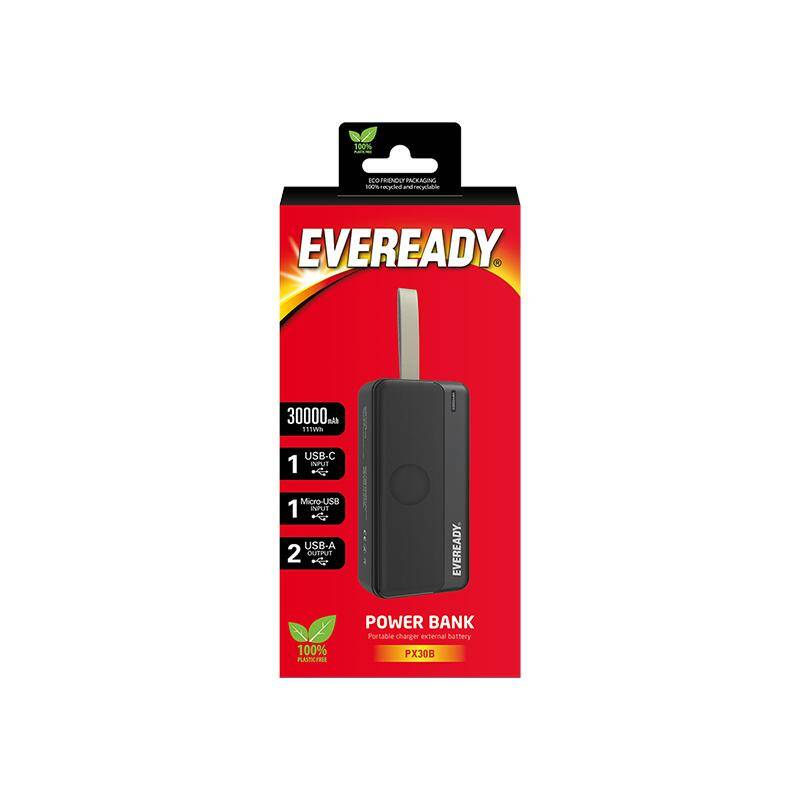 Power bank Eveready 30000mAh con 1x USB-C, 1x Micro-USB, 2x porte USB-A.