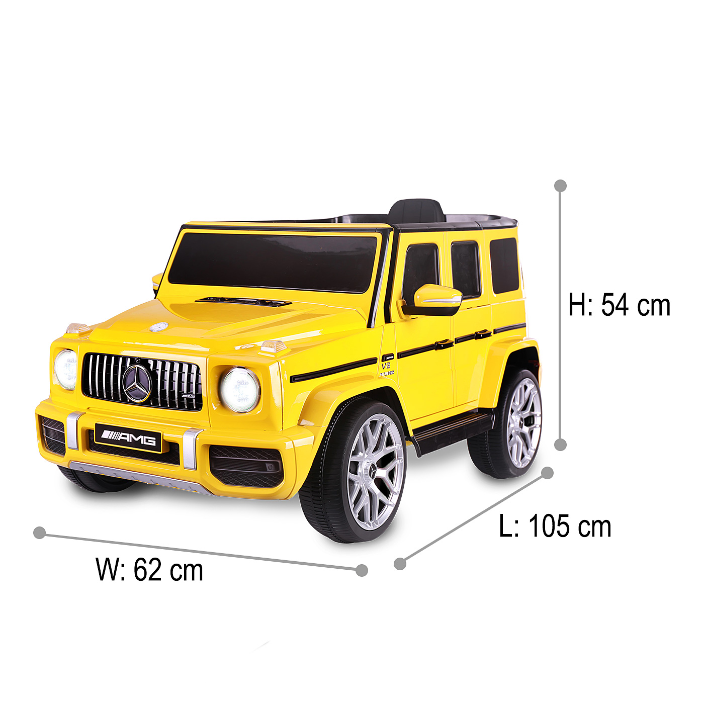 Gelber Spielzeug-SUV mit Maßangaben: L: 105 cm, B: 62 cm, H: 54 cm.