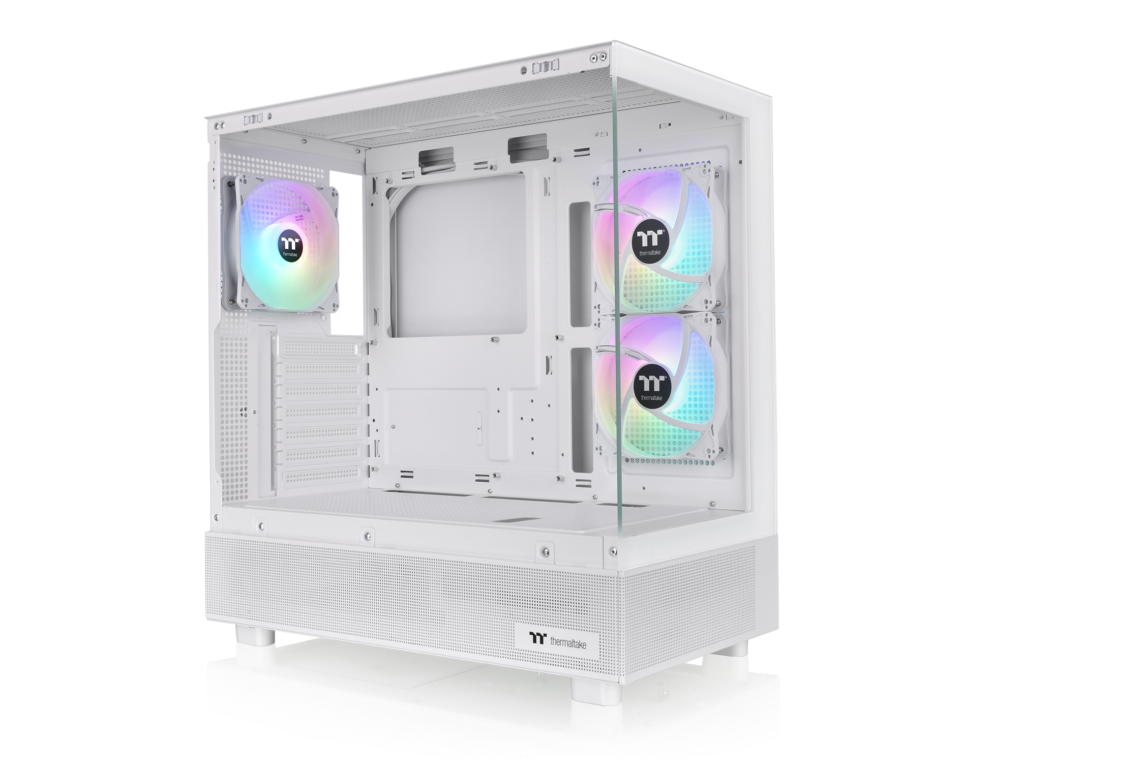 Weißer PC-Gehäuse mit Glasfenster und RGB-Lüftern.