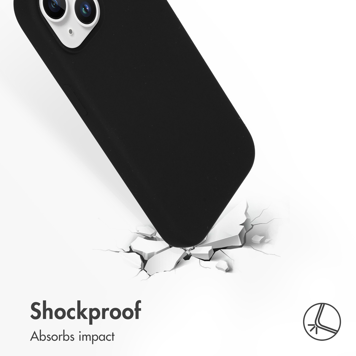 Black phone case breaks white ground, showing shock absorption.