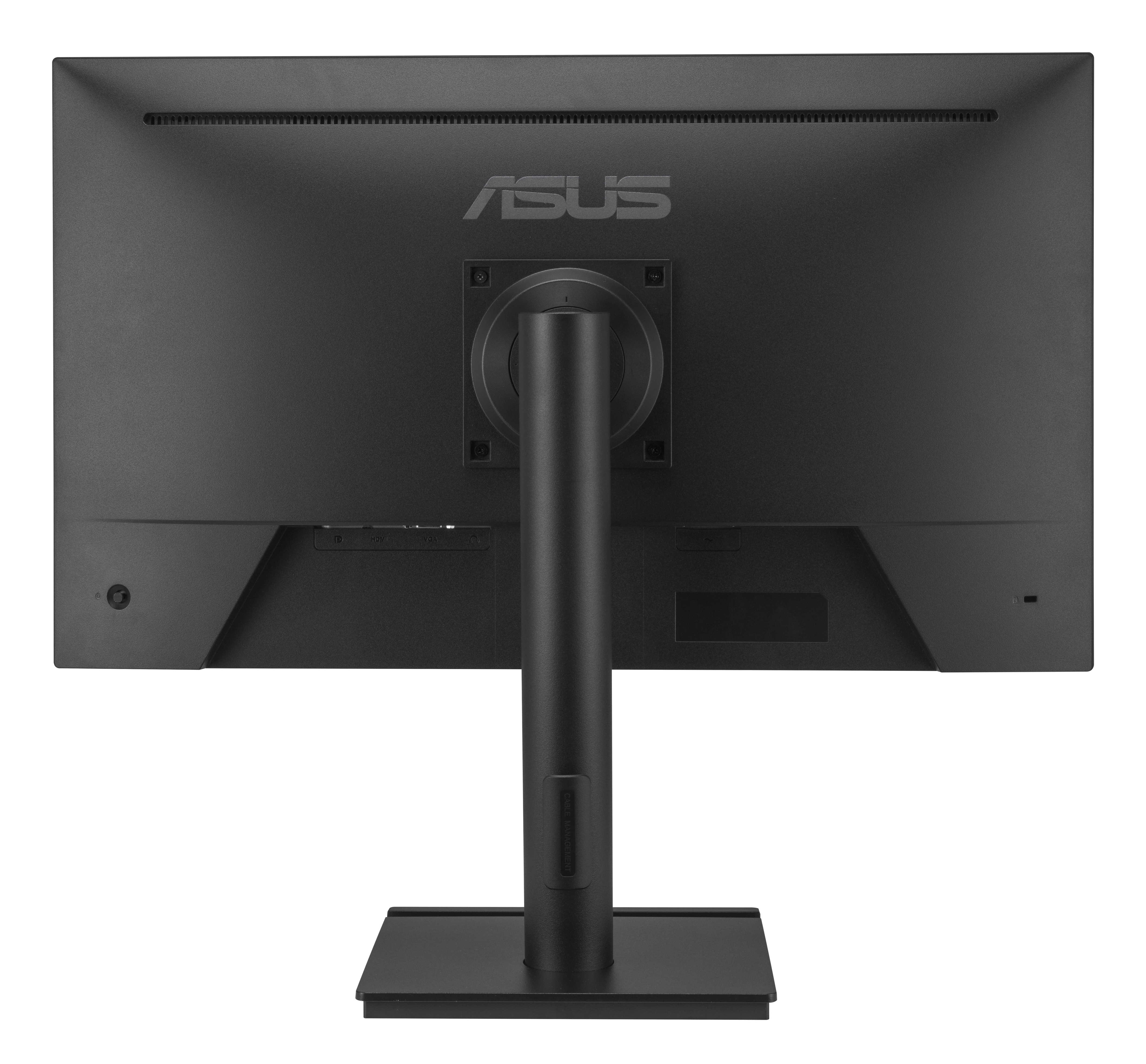 Parte trasera de un monitor Asus negro con soporte y puertos.