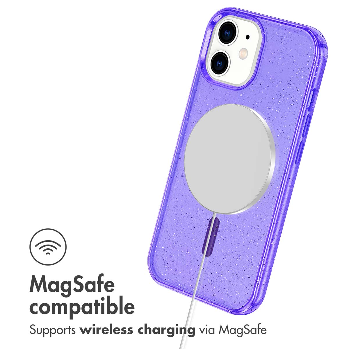 Custodia viola glitterata per iPhone con caricatore MagSafe e icona.