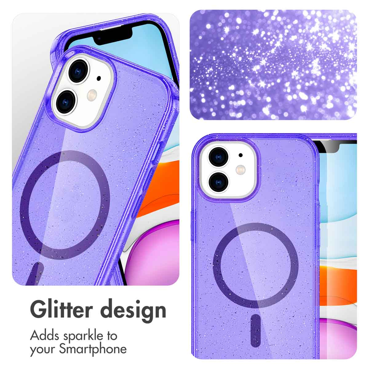 Custodia viola glitterata per telefono con ritaglio fotocamera e anello magnetico.