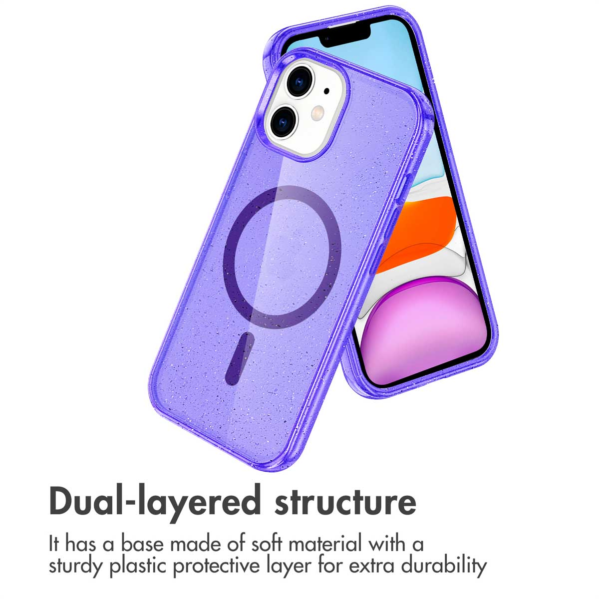 Custodia viola glitterata con anello per iPhone.