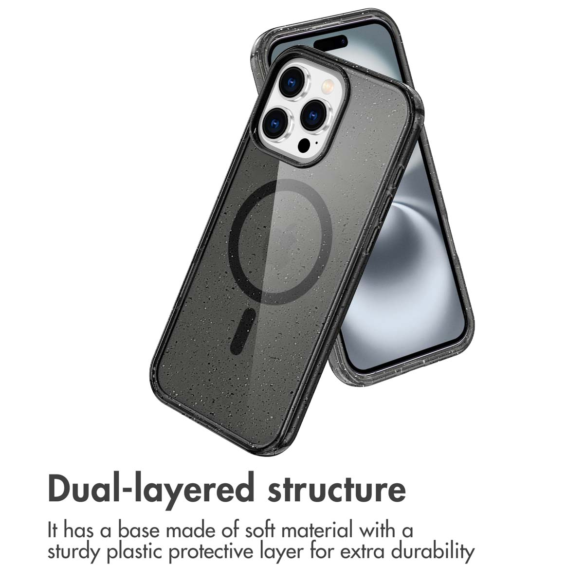 A clear phone case with a magnetic ring on a phone.