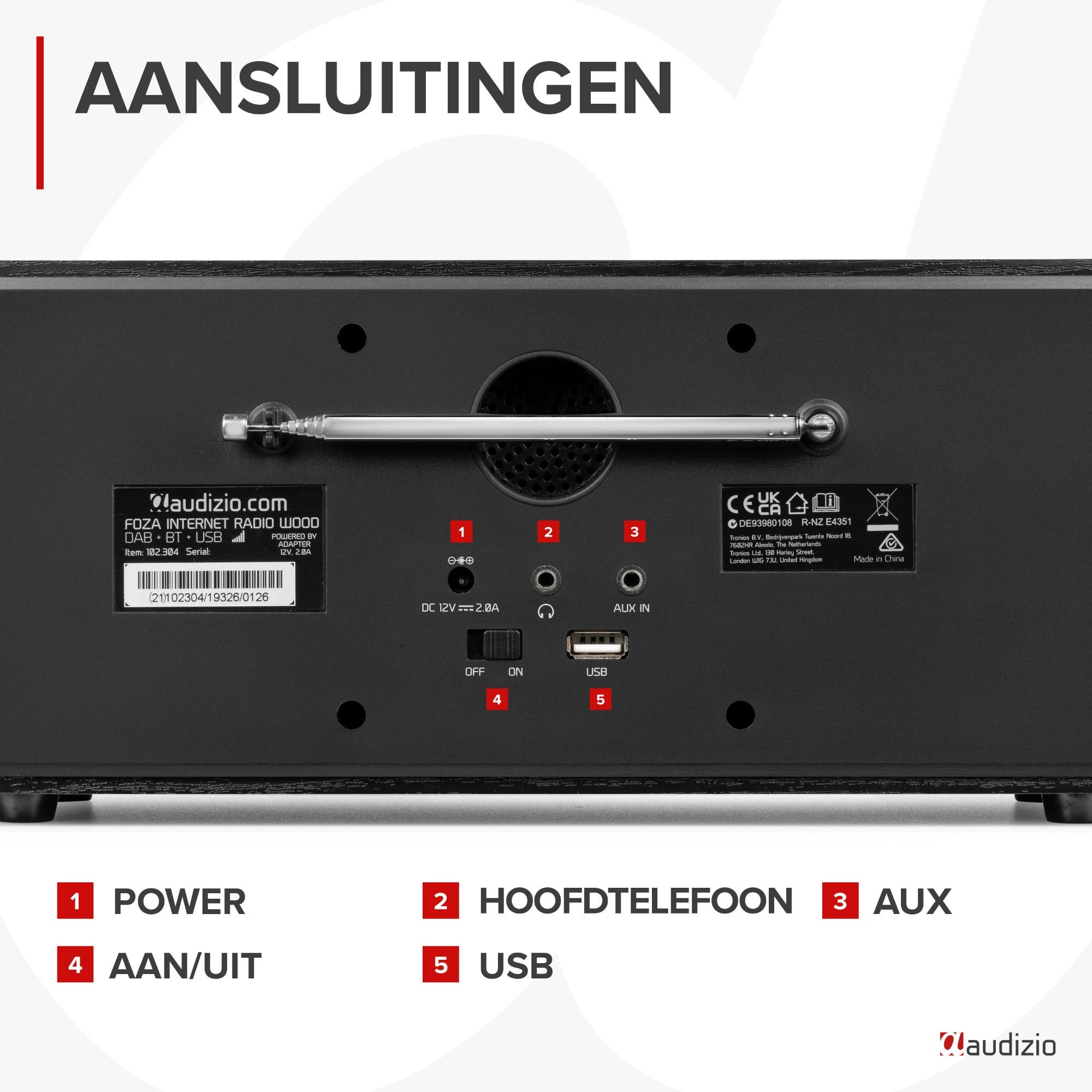 Arrière de la radio Audizio montrant les ports : CC, casque, auxiliaire, USB et interrupteur.