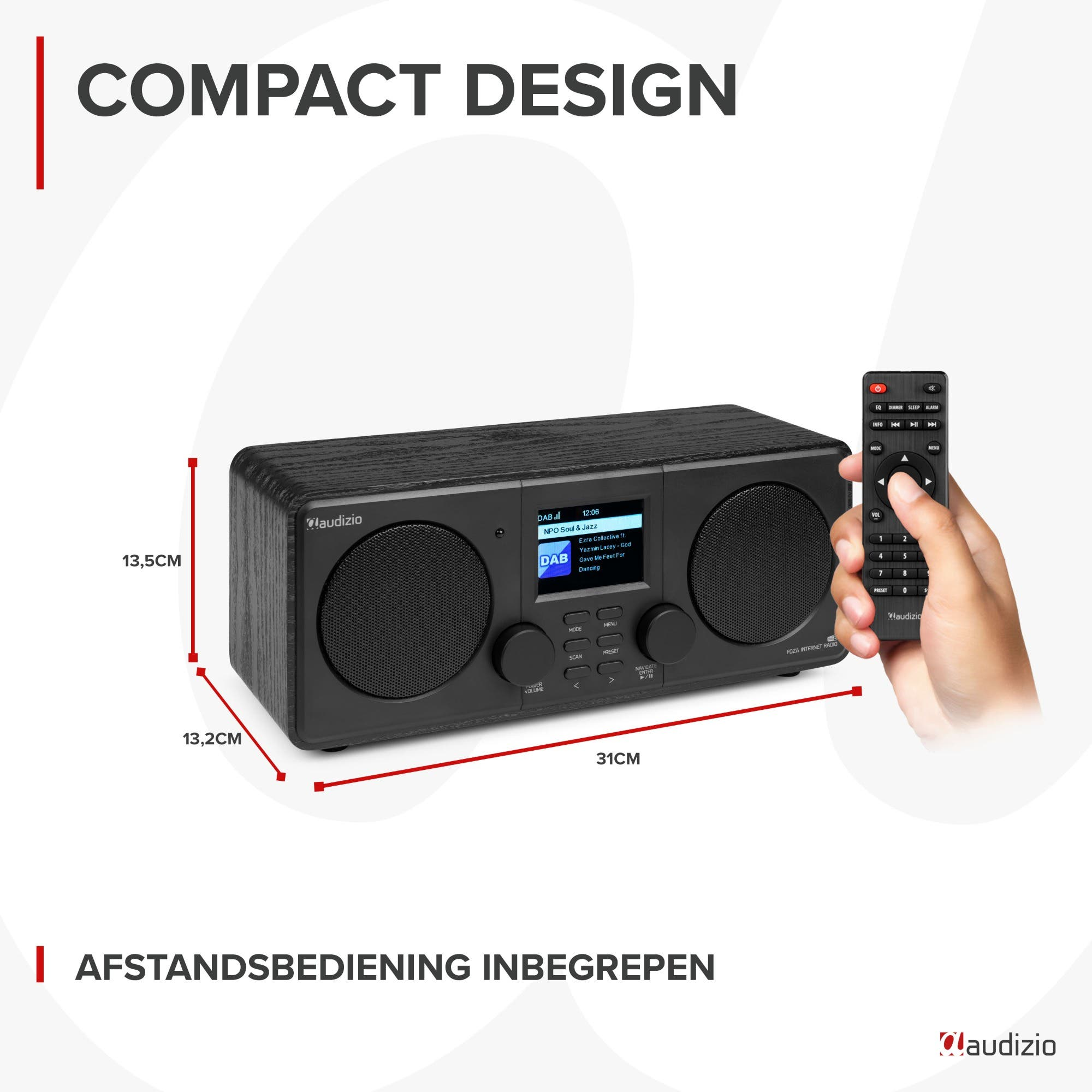 Radio internet DAB noire avec télécommande, dimensions 31x13,5x13,2cm.