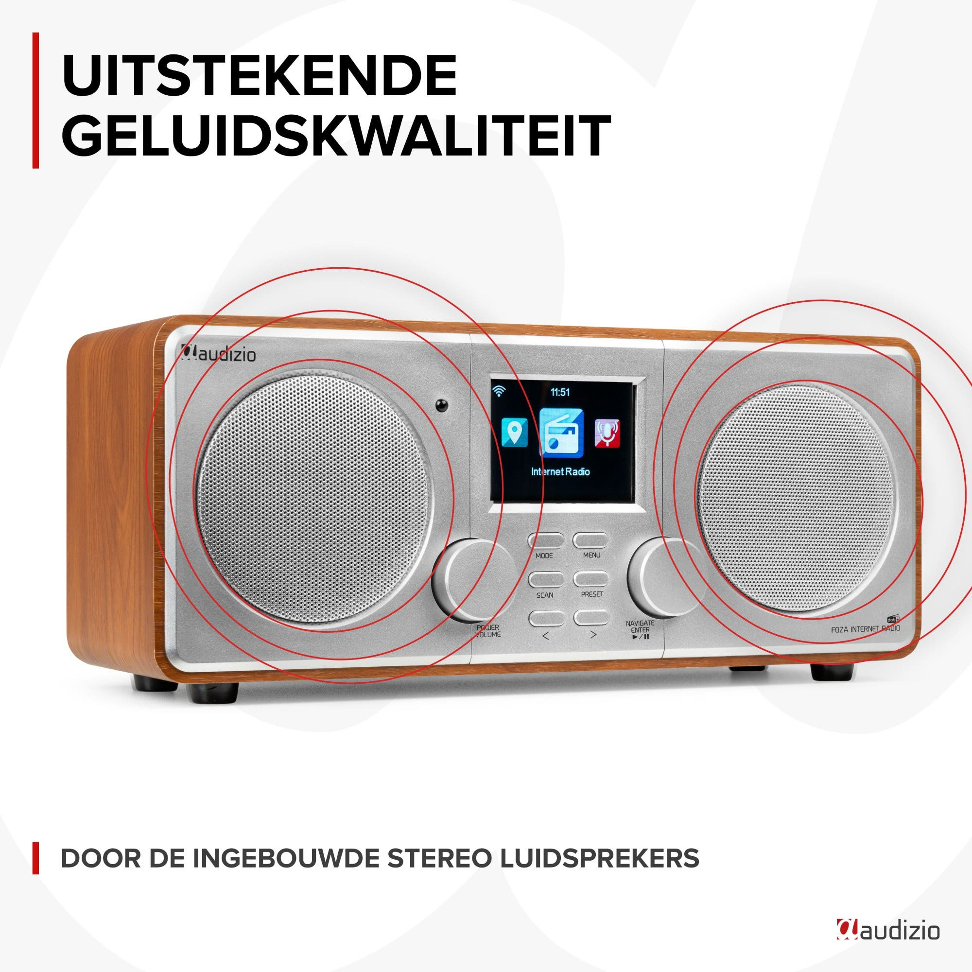 Een Audizio internetradio met houten behuizing, scherm en twee luidsprekers.