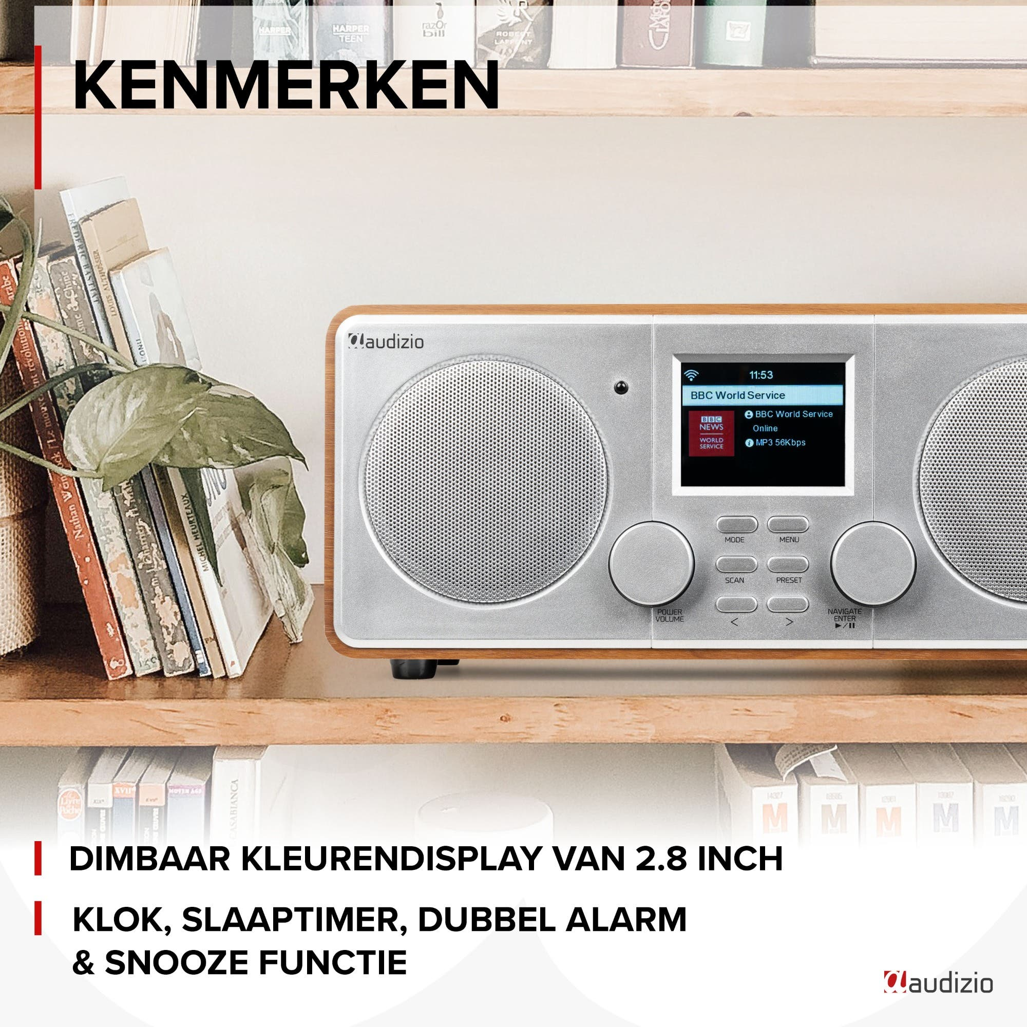 Zilveren Audizio radio met houten rand, toont BBC World Service.