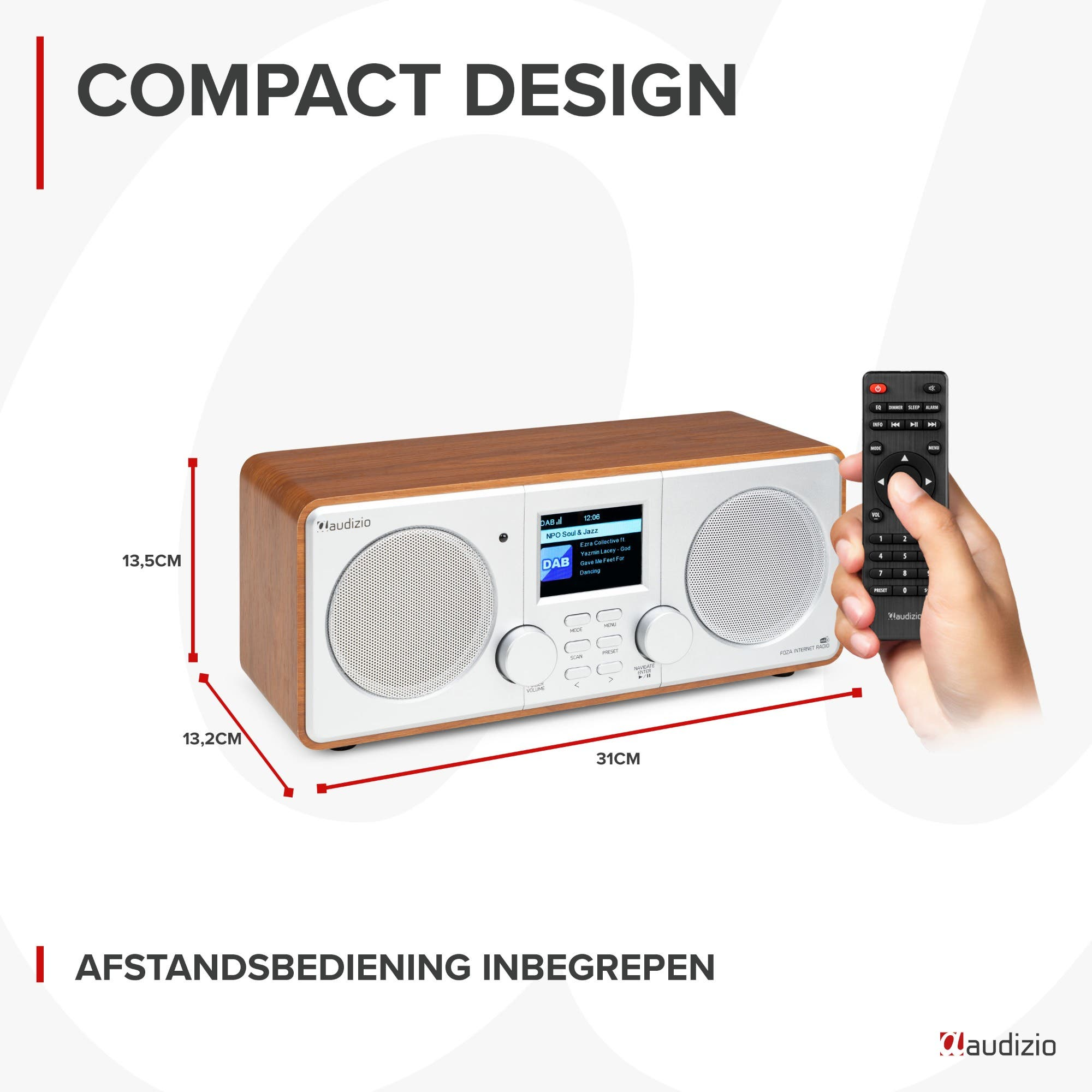 Compacte houten luidspreker met afstandsbediening, afmetingen 31x13,5x13,2cm.