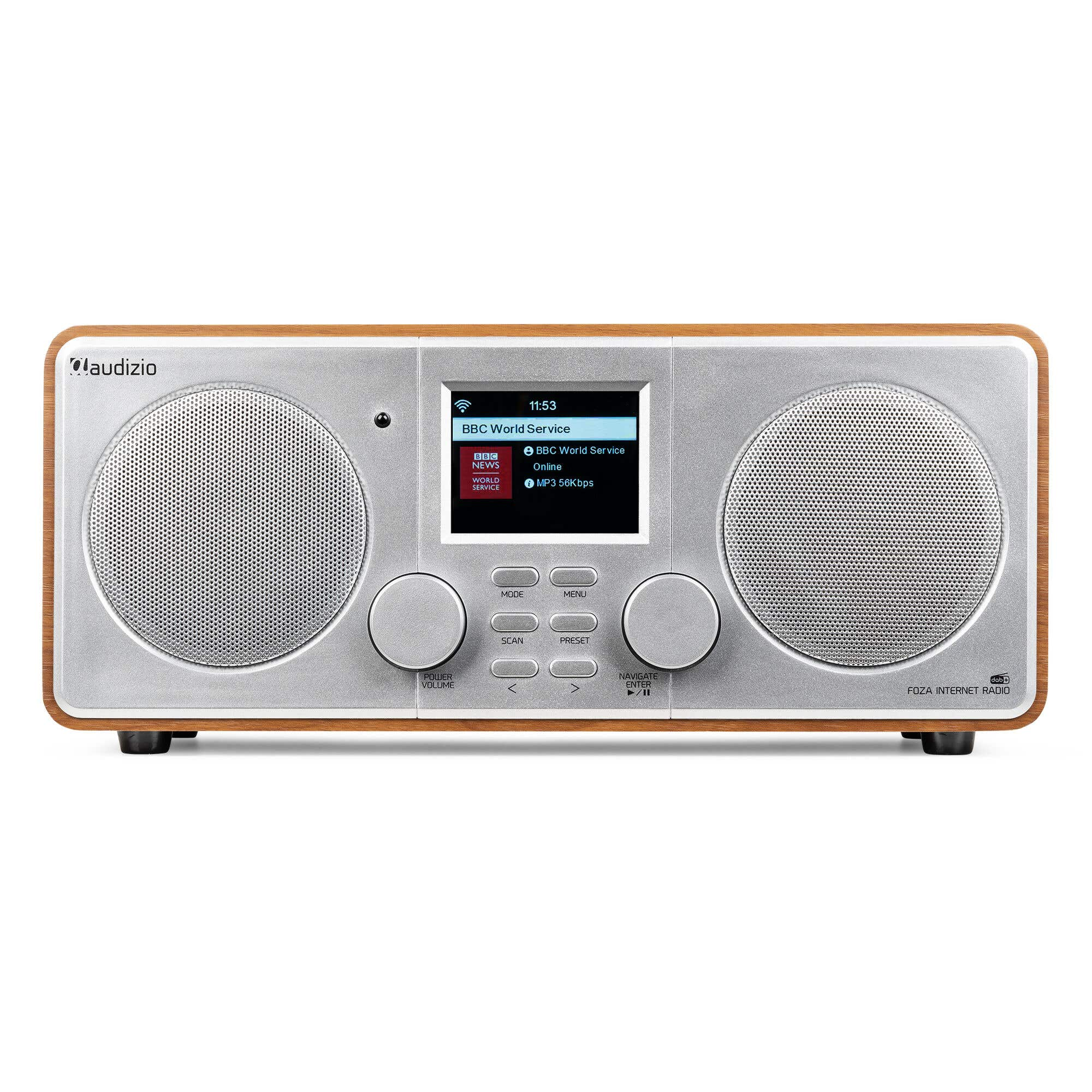 Een zilveren internetradio met houten frame toont BBC World Service.