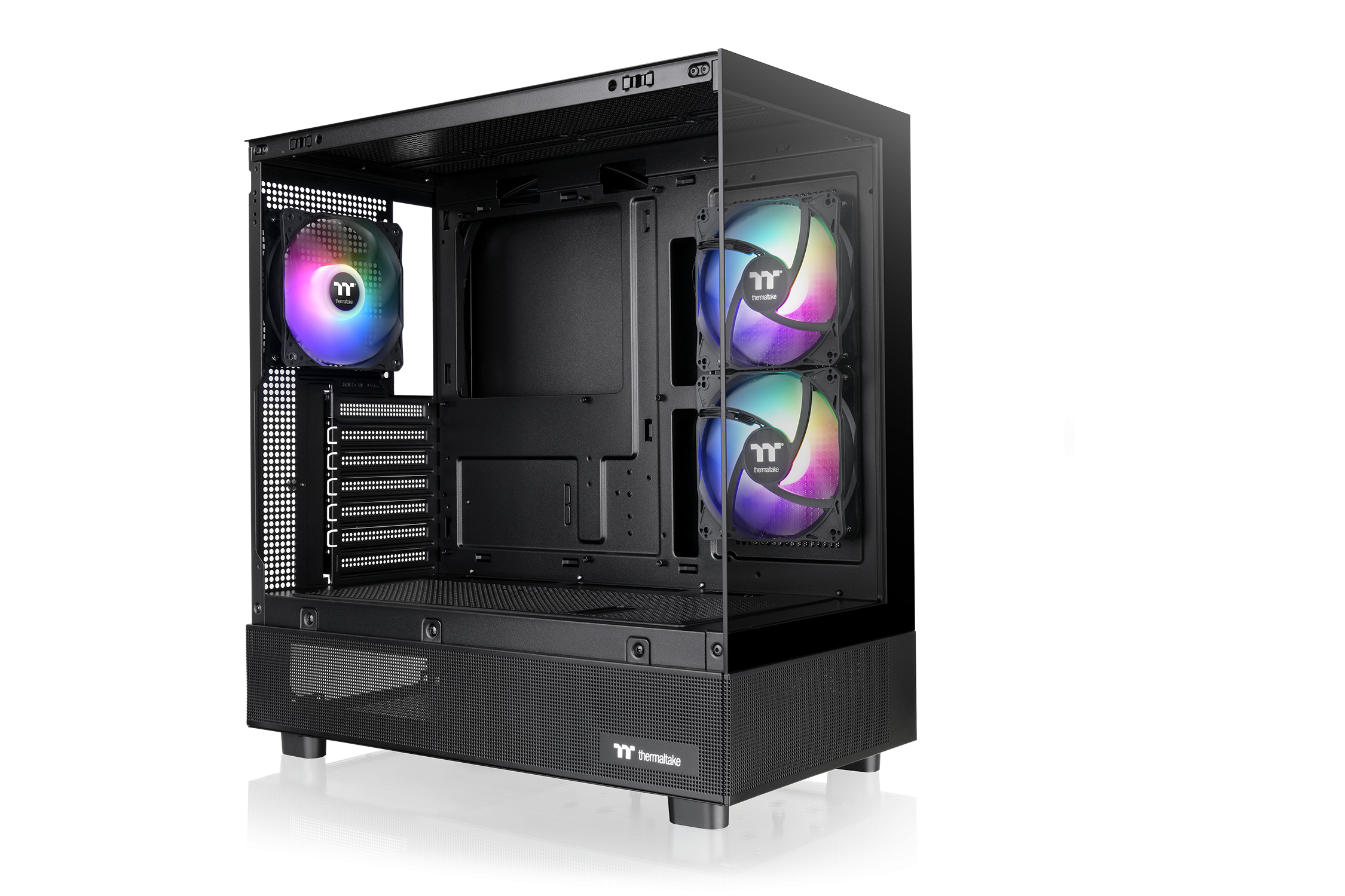 Case PC nero con ventole RGB. Pannello laterale trasparente mostra l'interno.