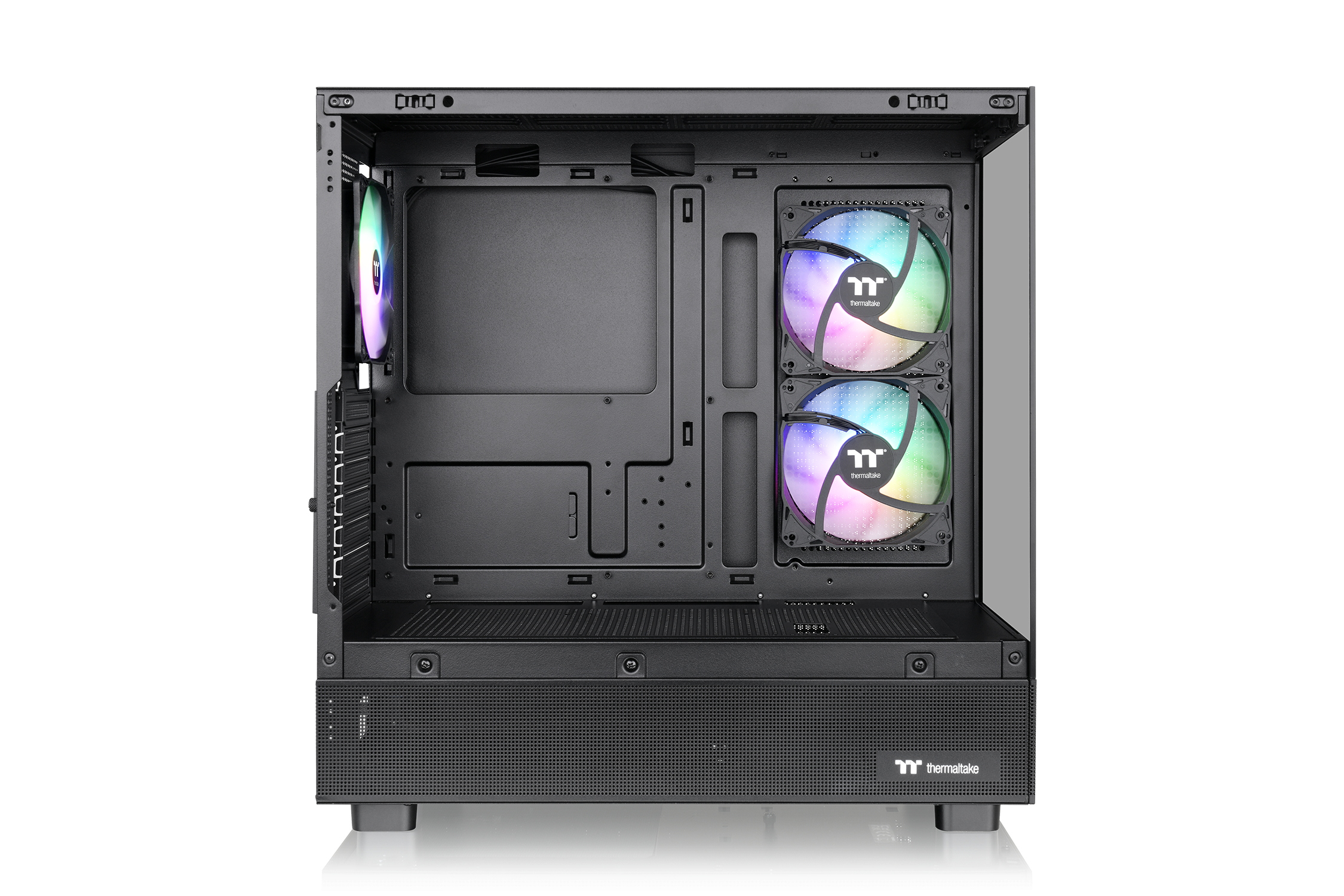 Un case per computer nero aperto con ventole RGB e pannello laterale trasparente.