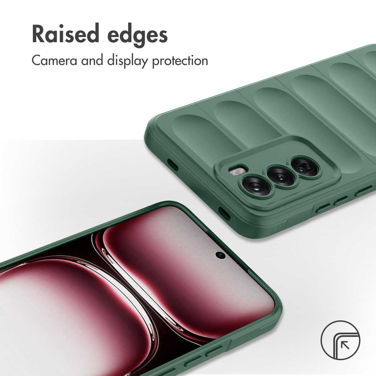 Una custodia per telefono verde con protezione per fotocamera e schermo del telefono.