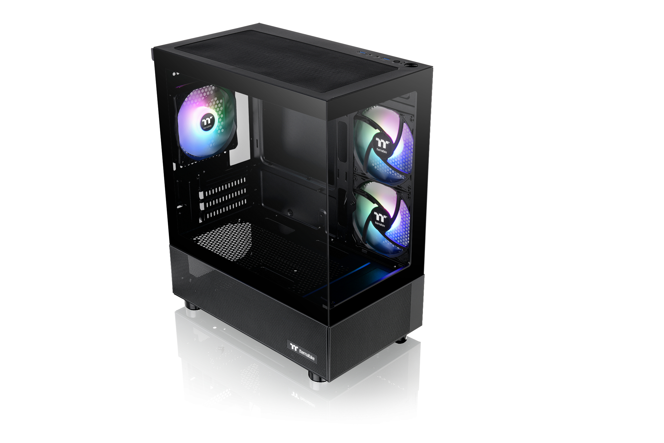Case per computer nero con ventole RGB illuminate su sfondo bianco.