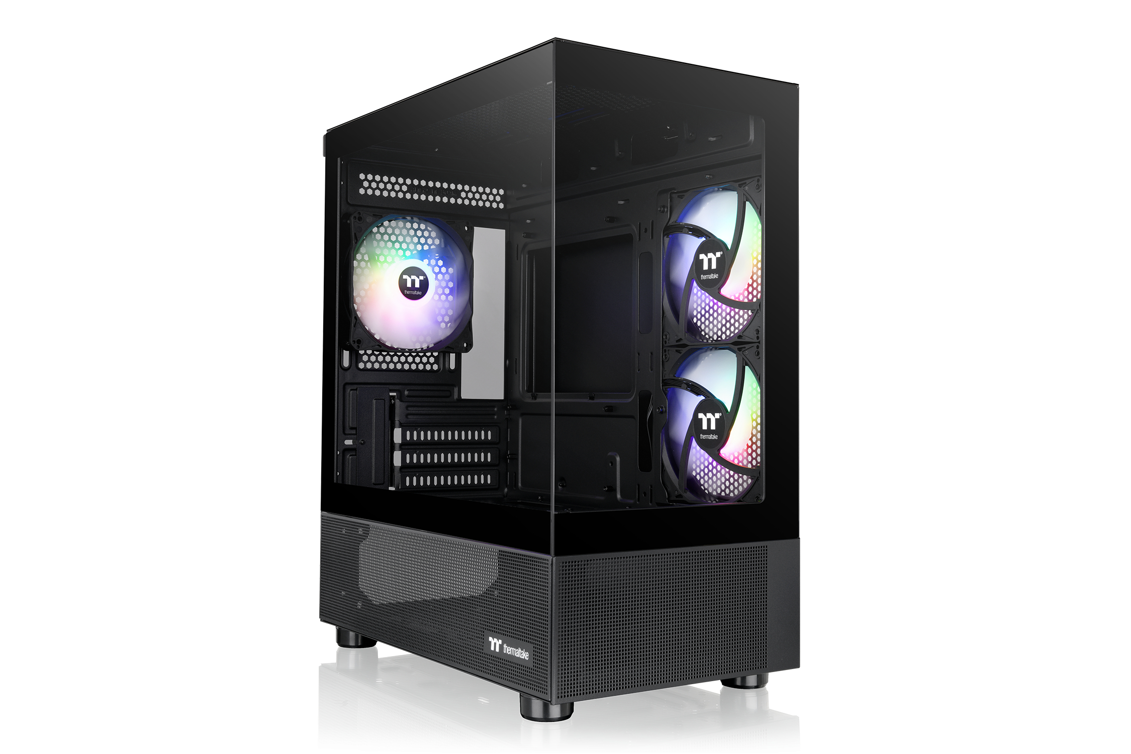 Case per computer nero con pannello laterale in vetro, ventole RGB e frontale in mesh.