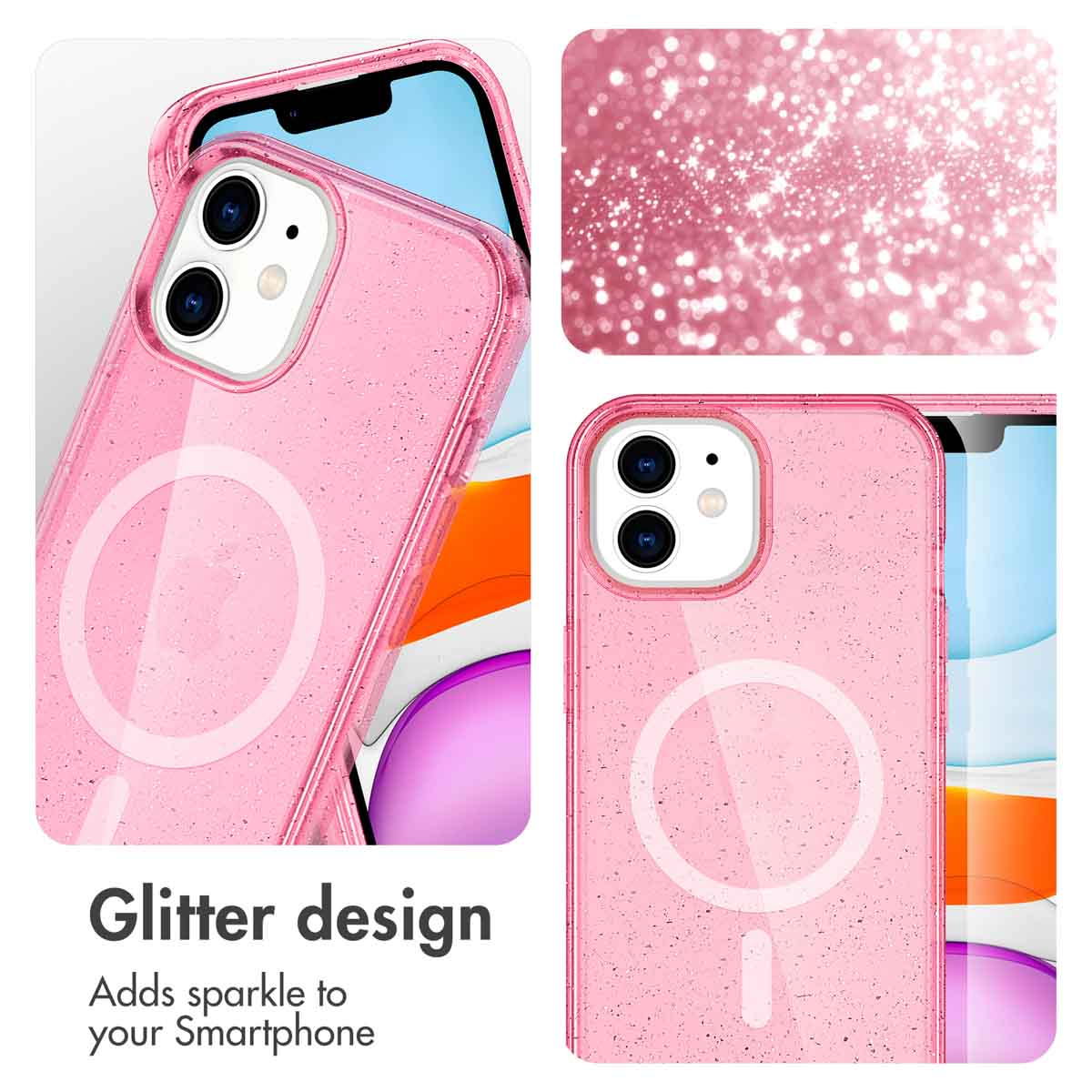 Custodia trasparente rosa glitterata con anello magnetico.