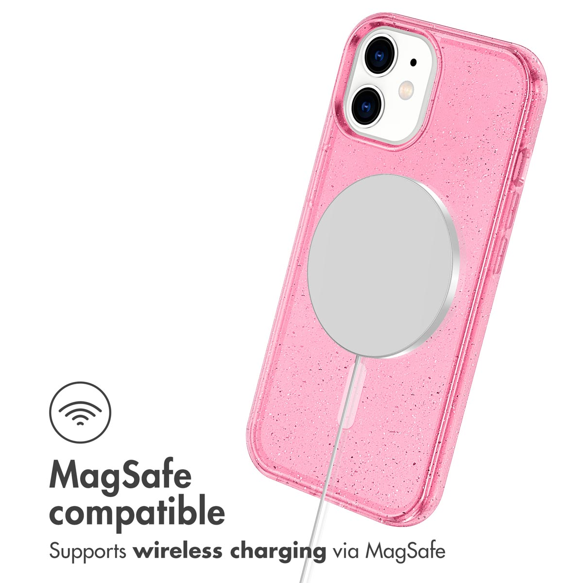 Una cover iPhone rosa glitter con caricatore MagSafe.
