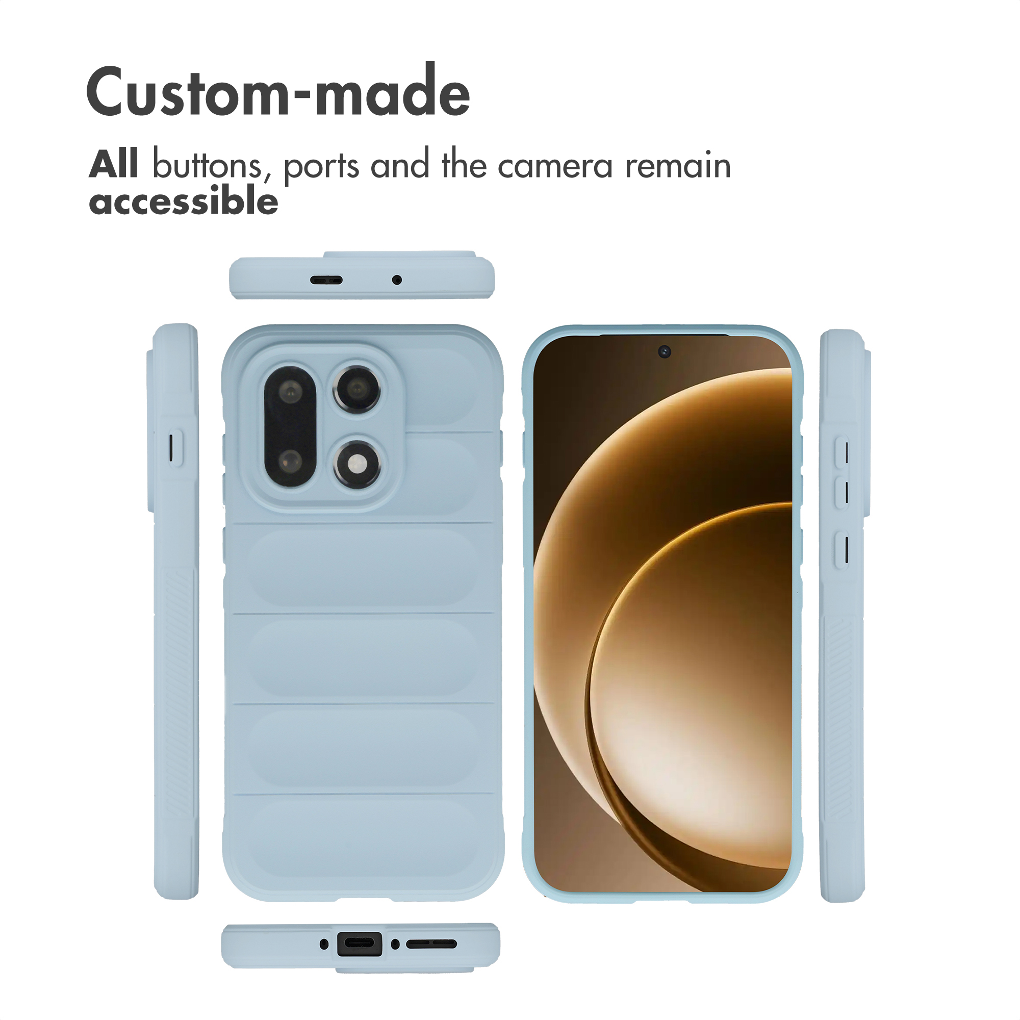 Custodia per telefono azzurra vista da più angolazioni, con ritagli per fotocamera e porte.