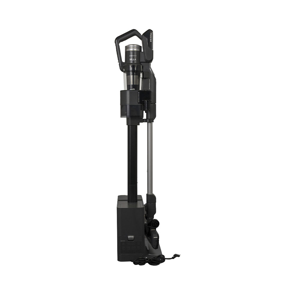 Un aspirateur sans fil noir avec base de chargement et cordon sur fond blanc.