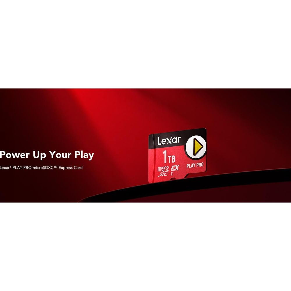 Carte Lexar 1TB microSDXC Express avec texte PLAY PRO sur fond rouge.