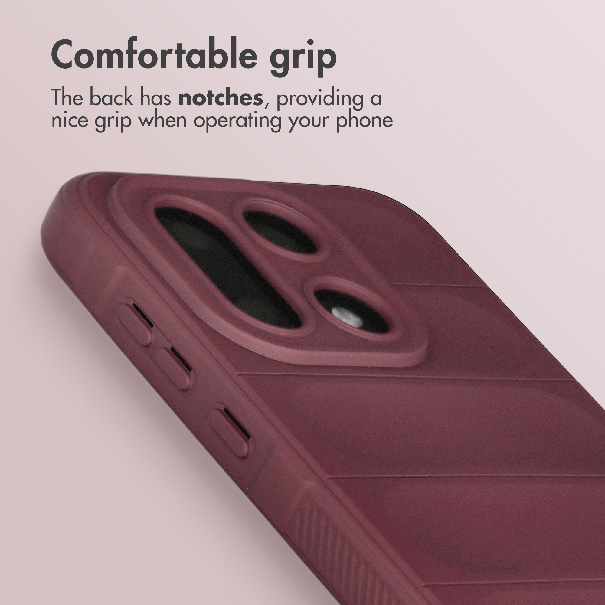 Custodia per telefono rosso scuro con ritaglio fotocamera e tacche per presa comoda.