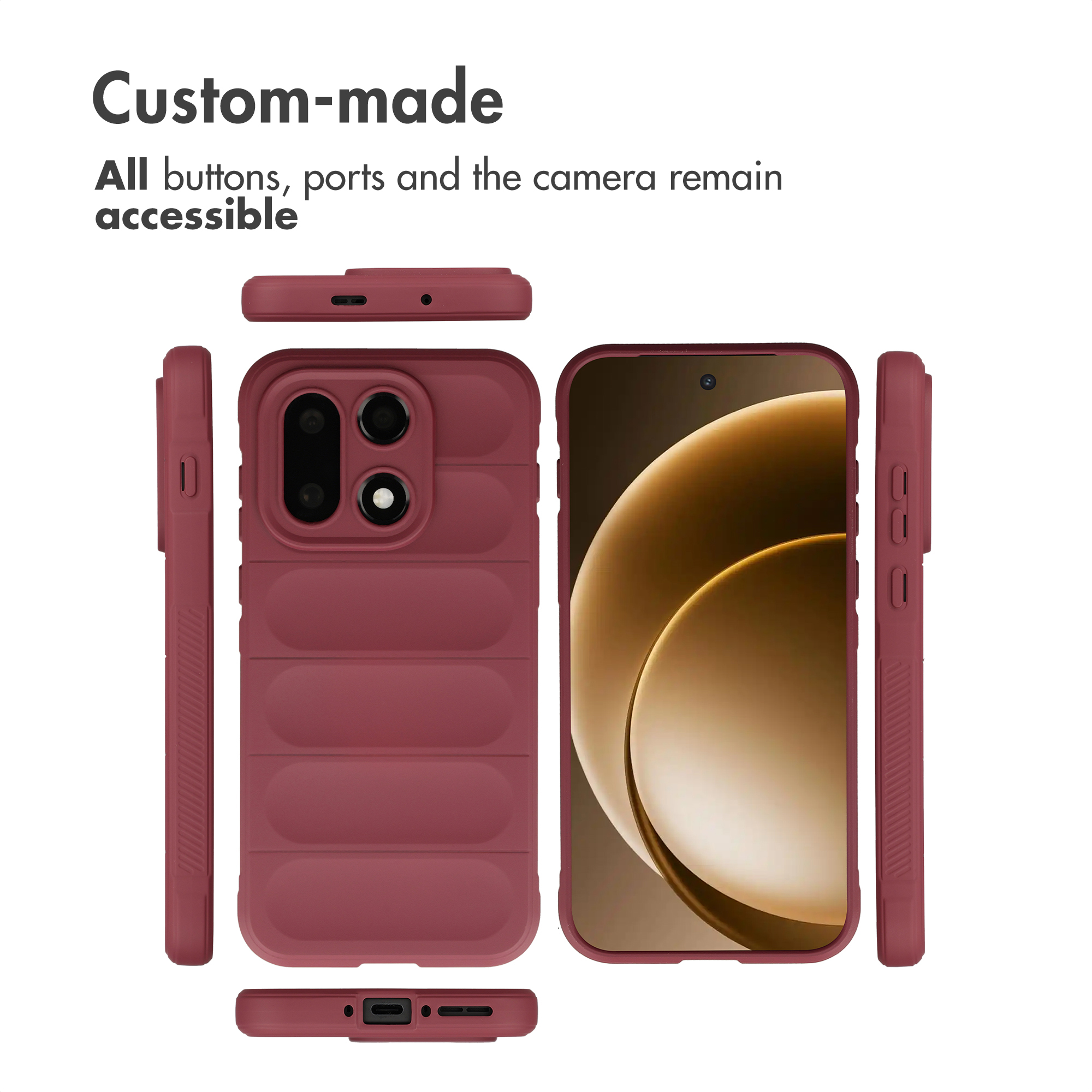 Viene mostrata una custodia per telefono color vinaccia con un telefono all'interno, che ne mostra le caratteristiche.