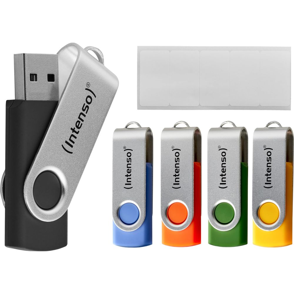 Cinque unità USB: una nera con cursore argentato, quattro colorate con cursori argentati.