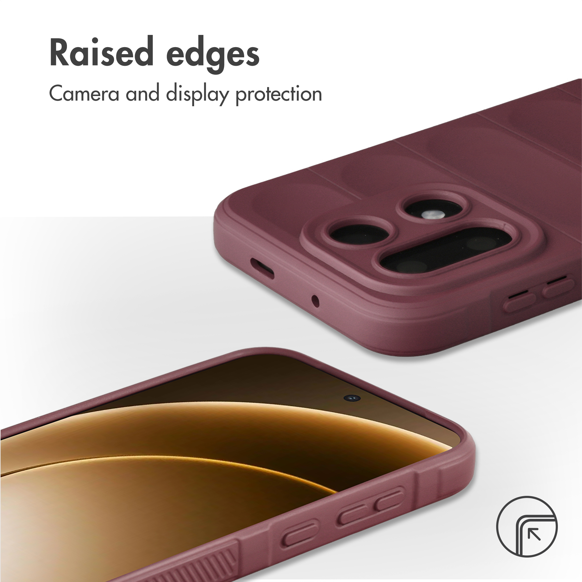 Una cover per telefono bordeaux con bordi rialzati per proteggere fotocamera e schermo.