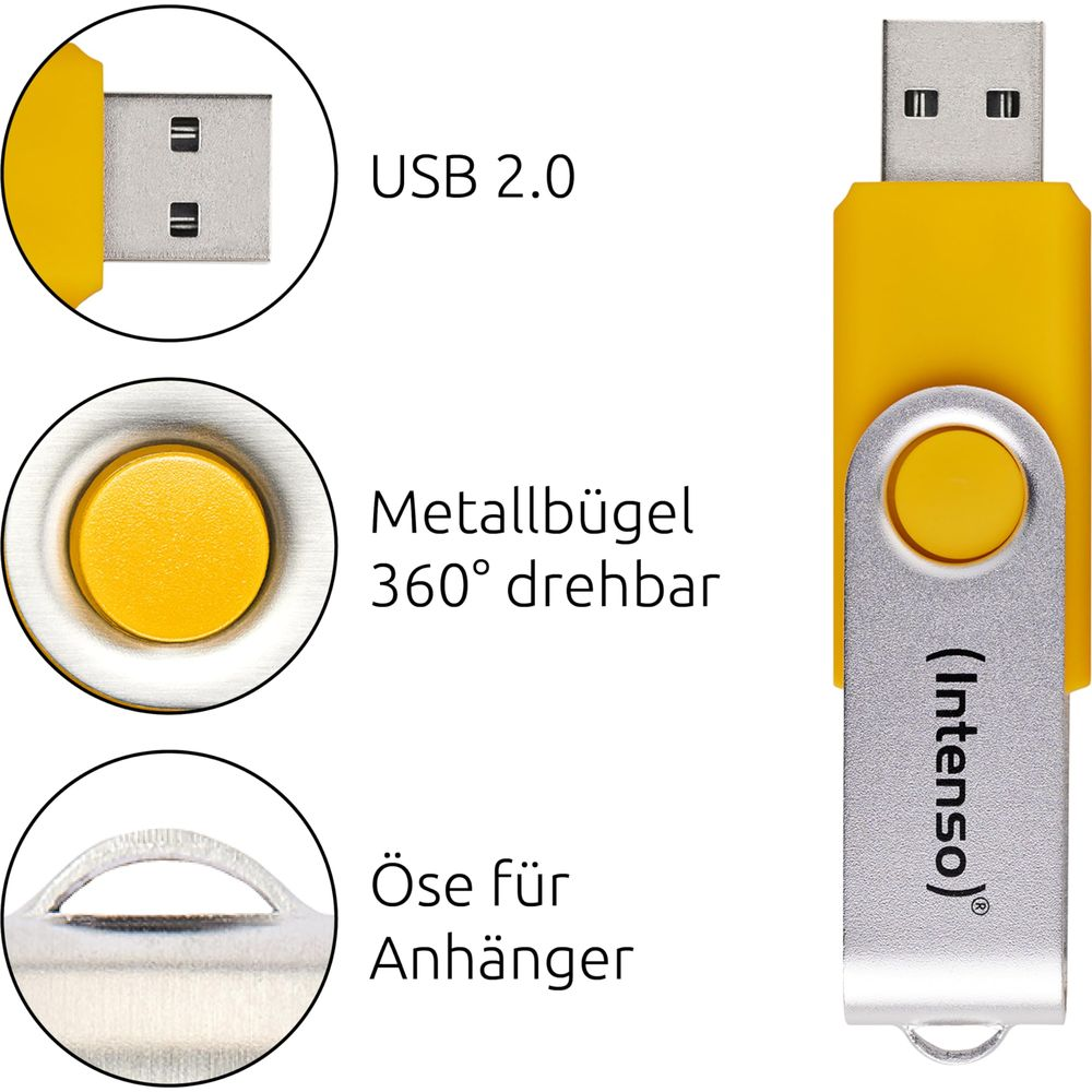 Pen drive USB 2.0 giallo con cappuccio girevole argentato e anello. Testo dettaglia le caratteristiche.