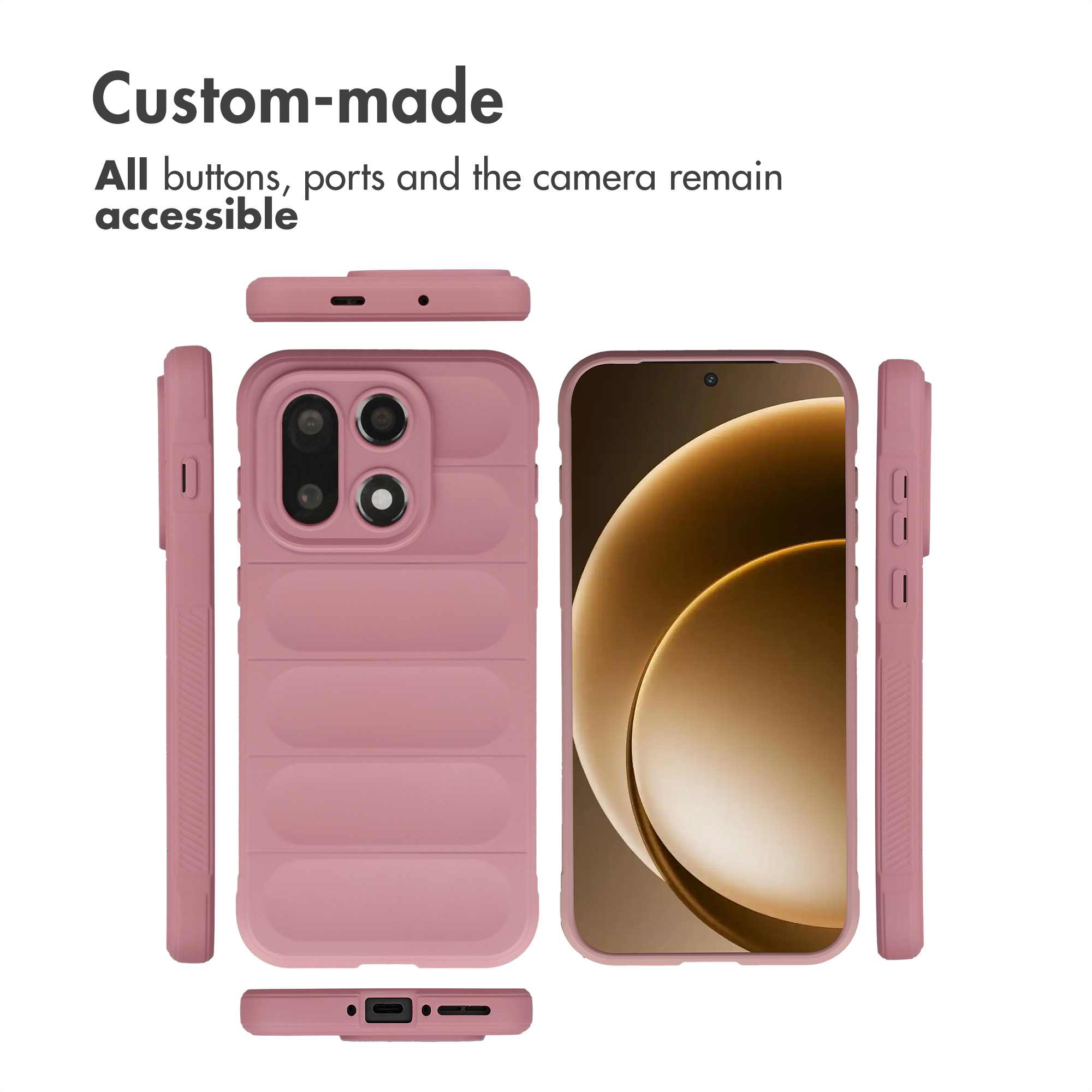 Una cover per telefono rosa mostrata da più angolazioni con testo.