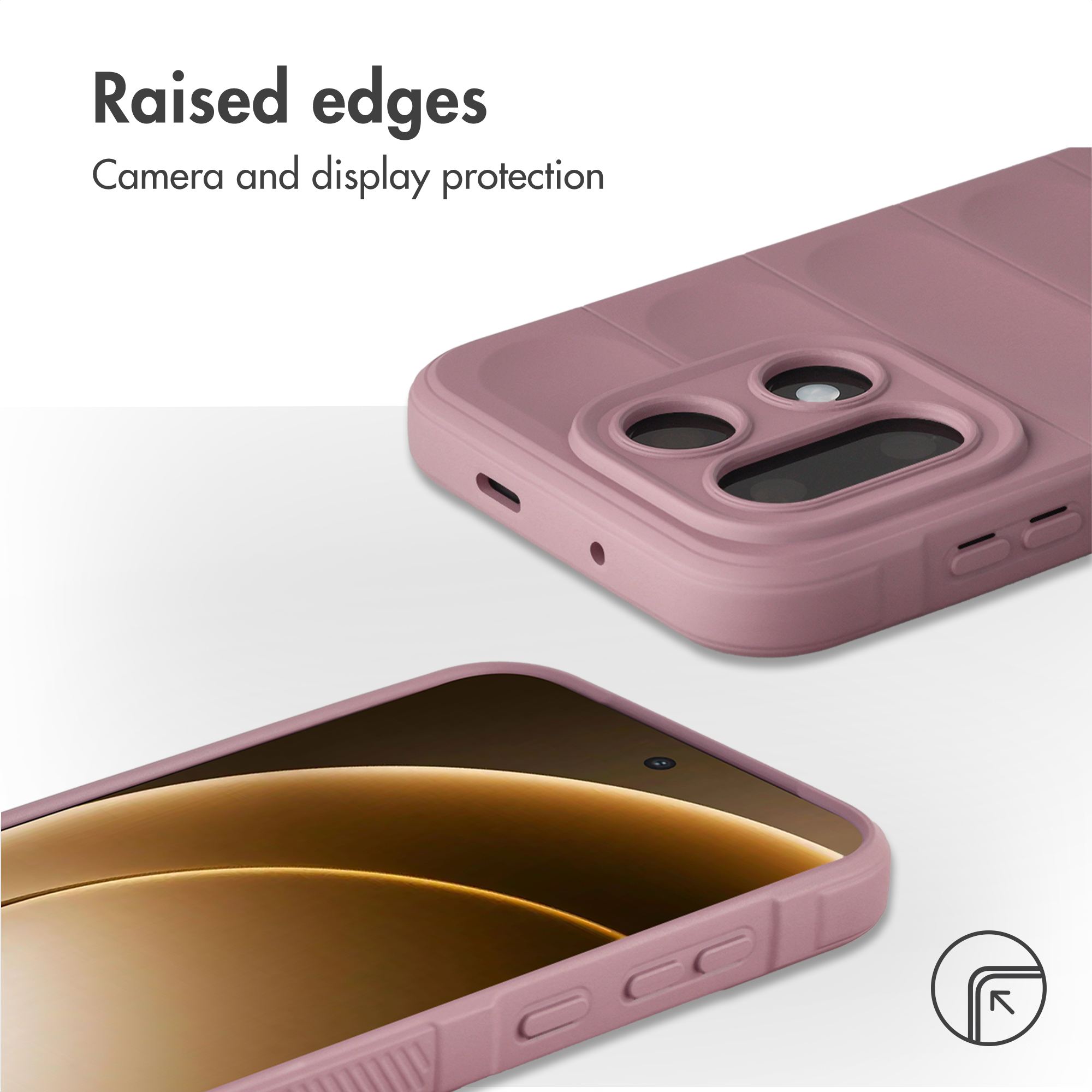 Un prototipo di cover per telefono color malva che mostra protezione per fotocamera e display.