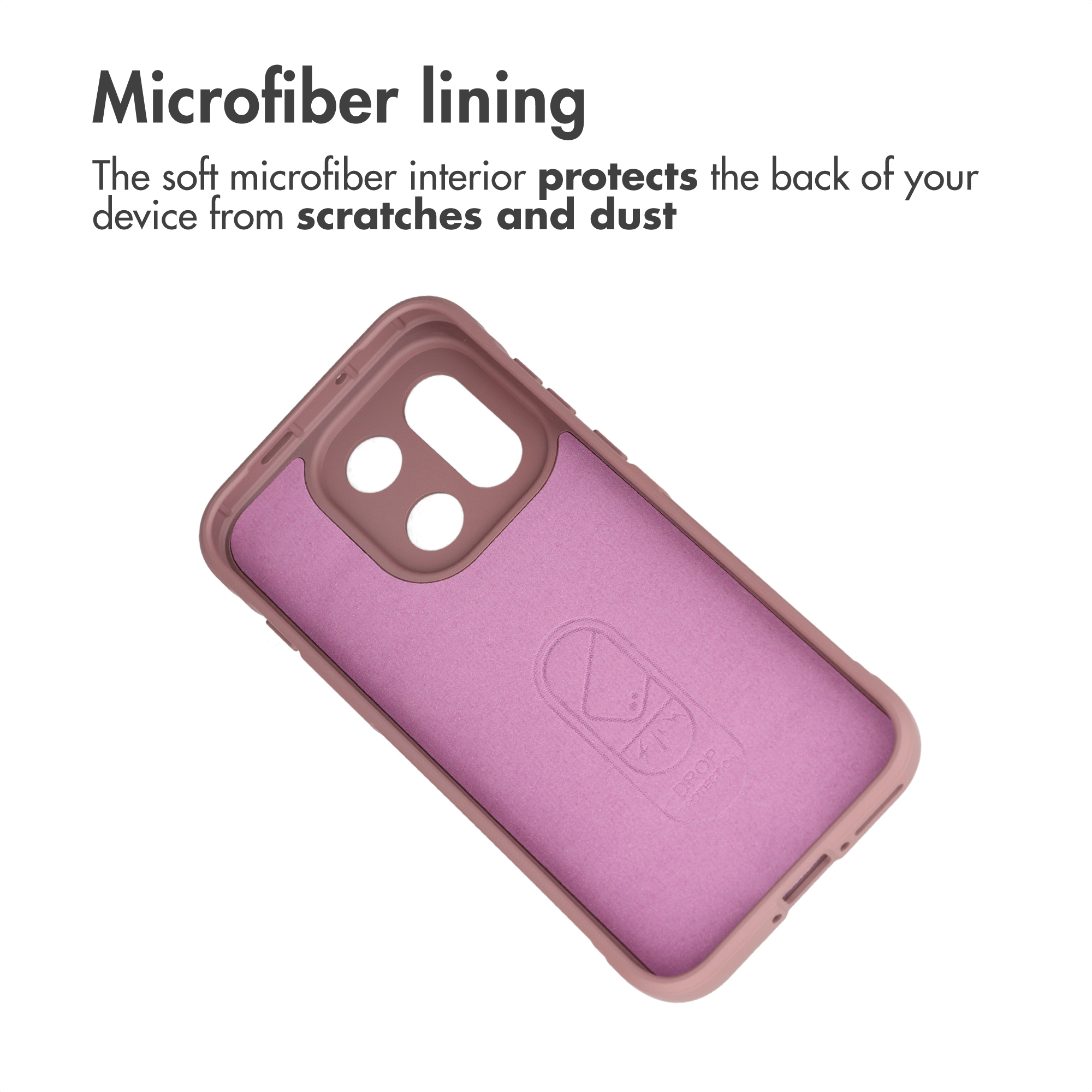 Retro di una custodia per telefono rosa con fodera in microfibra.